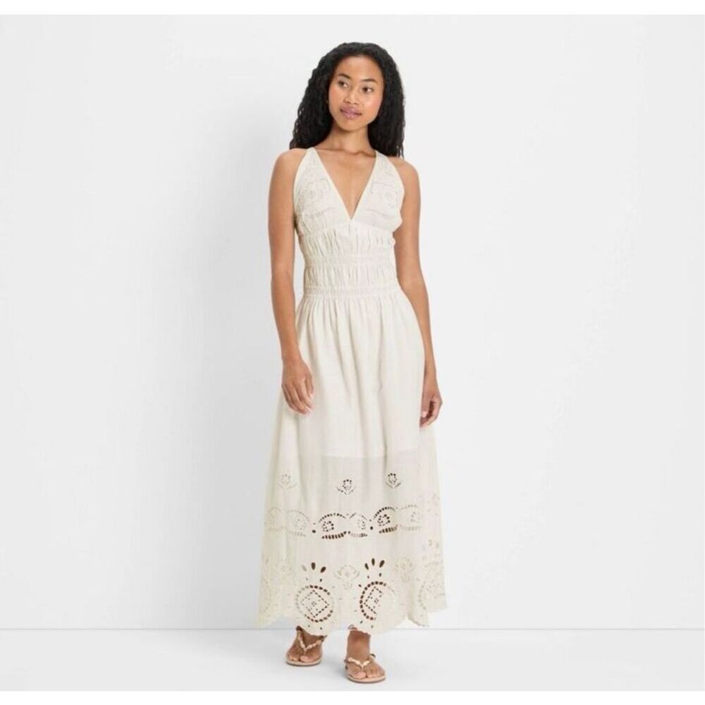 ✨Future Collective - Women's Eyelet Maxi A-Line Cream Sz Large Dress✨